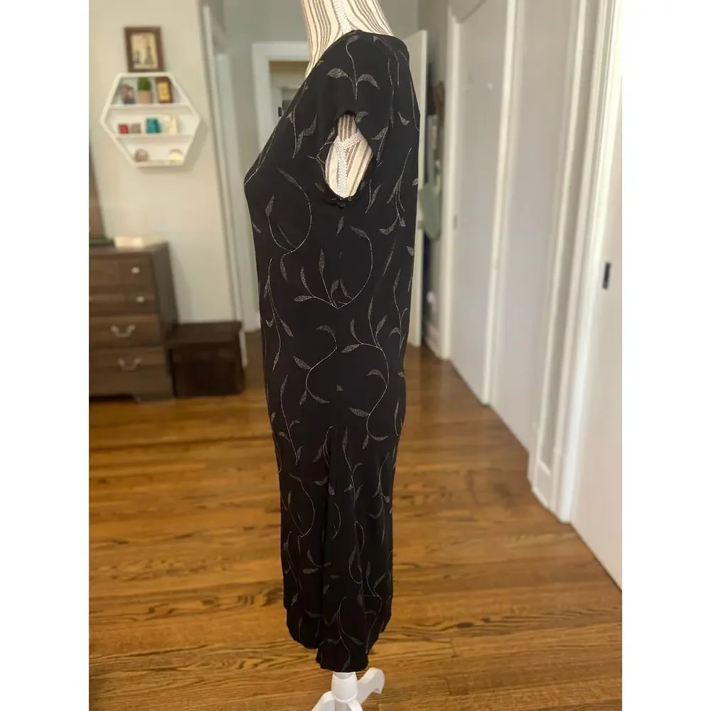 Banana Republic slinky knit black/tan botanical print short sleeve dress